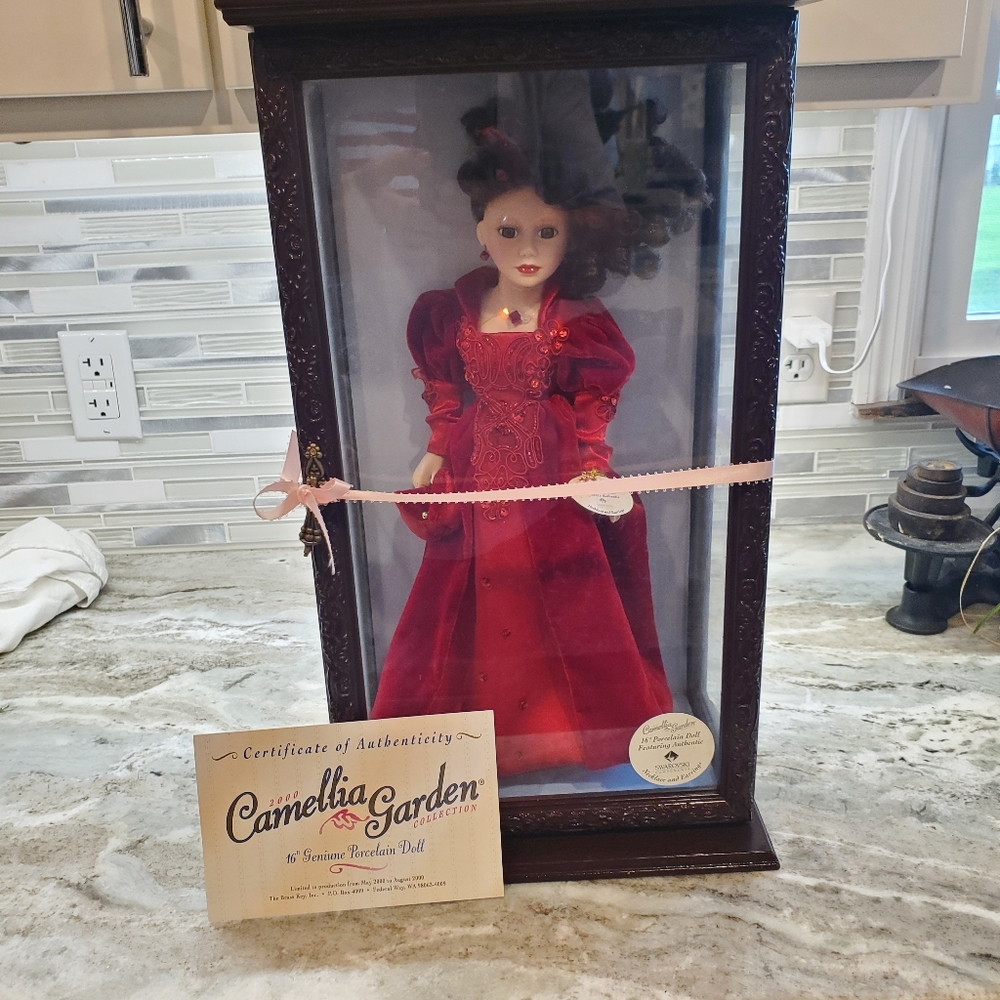 2000 Camellia Porcelain Doll & Wood & Glass Case2000 Camellia Porcelain Doll & W